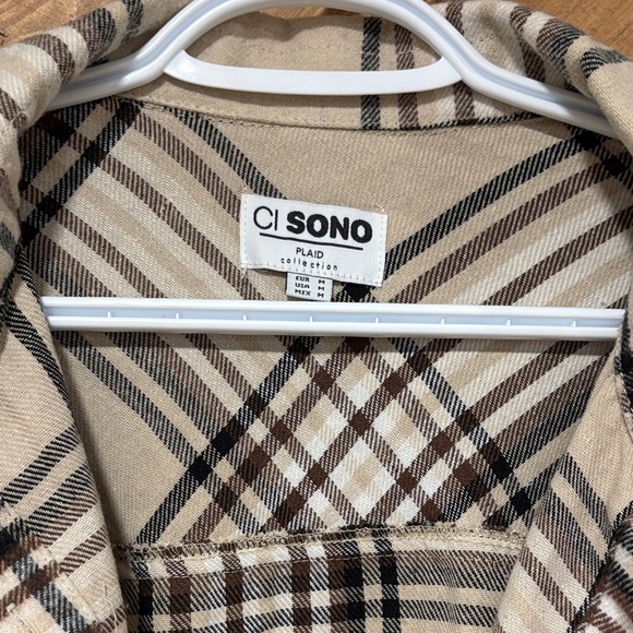 Beige and Brown Plaid Shirt Button Down Medium Ladies - Picture 2 of 5